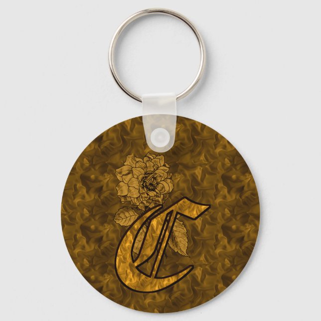 Porte-clés Monogramme initiale C Fleur de pivoine en or (Recto)