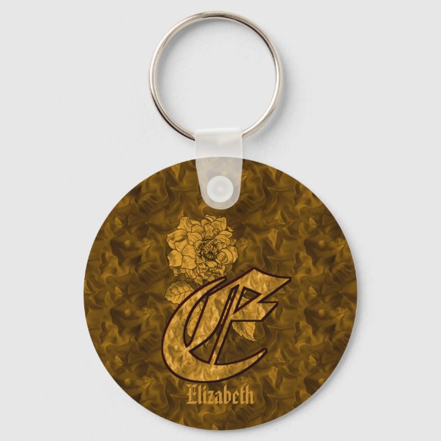 Porte-clés Monogramme Initiale E Or Pivoine Personnalisé  (Recto)