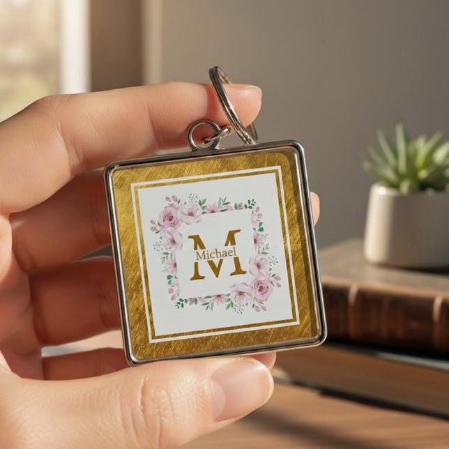 Porte-clés Monogramme Initiale "M" Floral - Roses Roses & Or (Créateur téléchargé)