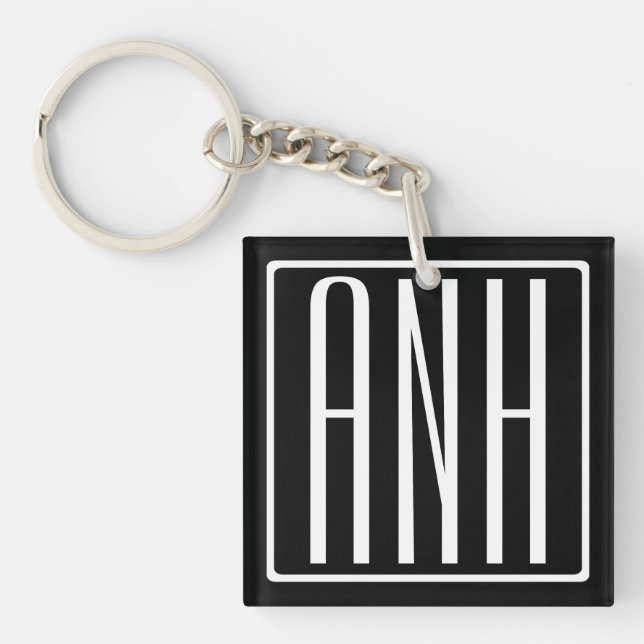 Porte-clés Monogramme Initiales 3 Moderne Gras | Blanc Sur No (Devant)