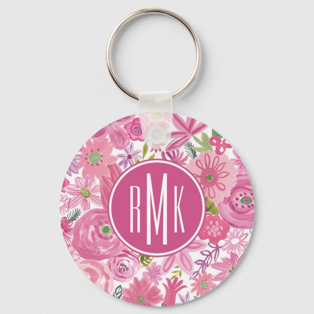 Porte-clés Monogramme | Je fais Pink Aquarelle Motif Floral (Recto)