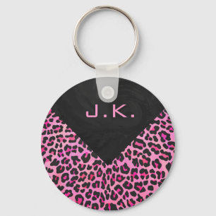 Porte-clés Monogramme Leopard noir et rose chaud
