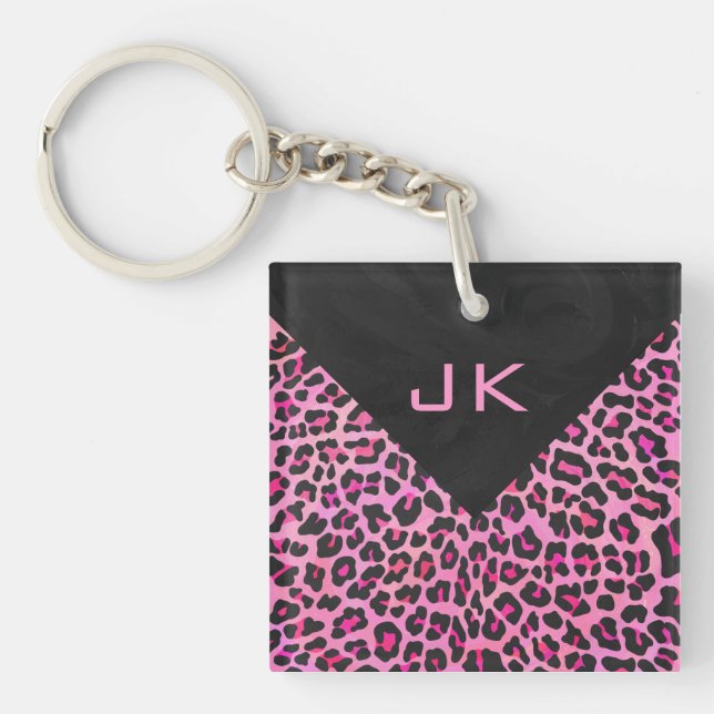 Porte-clés Monogramme Leopard noir et rose chaud (Devant)