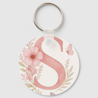 Porte-clés monogramme lettre S florale rose élégan