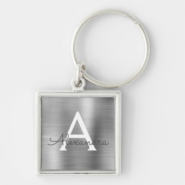Porte-clés Monogramme Luxe Argent Faux Acier Inoxydable (Devant)