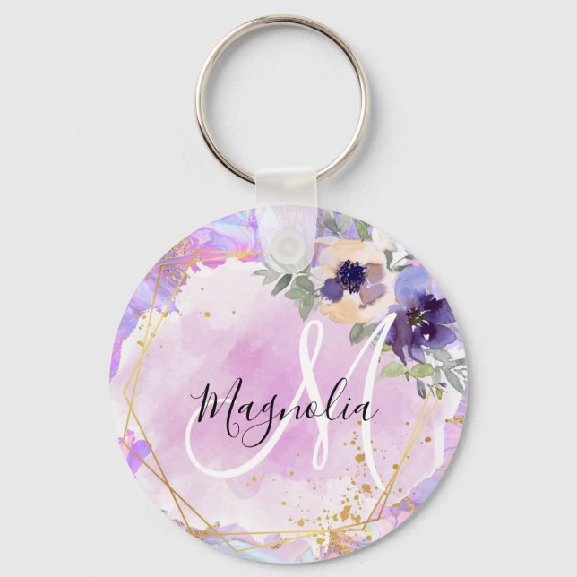 Porte-clés Monogramme Marbre Arc-en-ciel Violet, Rose & Or (Recto)