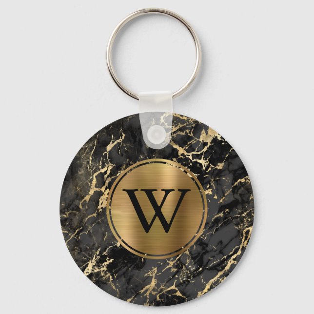 Porte-clés Monogramme Marbre Noir Élégant Or (Recto)