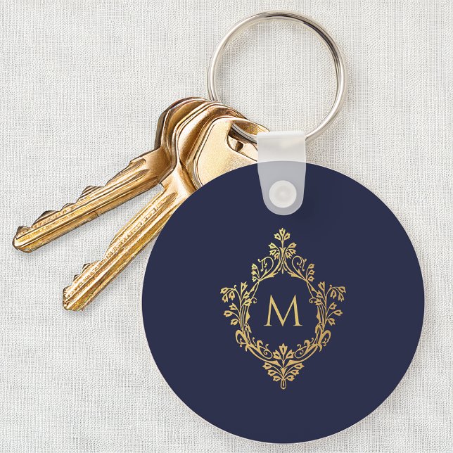 Porte-clés Monogramme Marine Bleu Élégant Faux Gold Crest Ini (Créateur téléchargé)