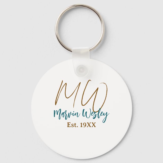 Porte-clés Monogramme marron bleu turquoise année simple mini (Recto)