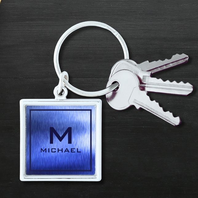 Porte-clés Monogramme Métallurgique Bleu Texturé Nom personna (Créateur téléchargé)