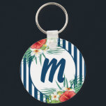 Porte-clés Monogramme moderne à rayures et fleurs bleues<br><div class="desc">Porte - clé rayé bleu moderne avec détails floraux et votre initiale.</div>