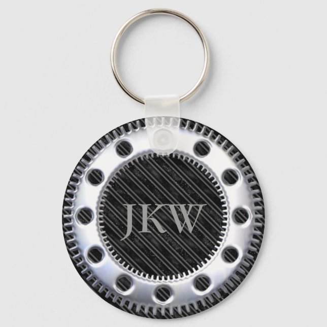 Porte-clés Monogramme moderne élégant Noir et gris rayé (Recto)