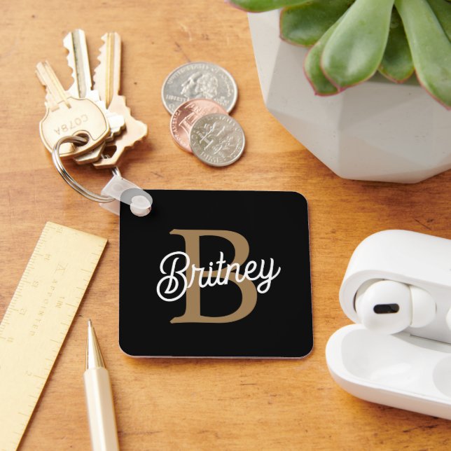 Porte-clés Monogramme moderne élégant Nom Black Gold Script (Bureau)