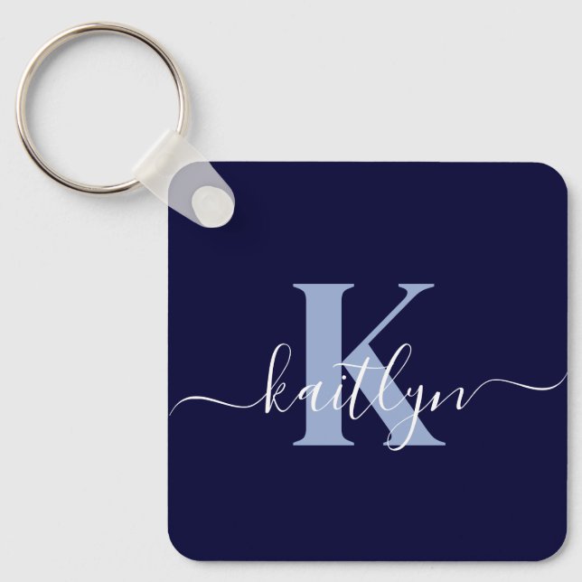 Porte-clés Monogramme Moderne en Écriture Manuscrite Bleu Nui (Recto)