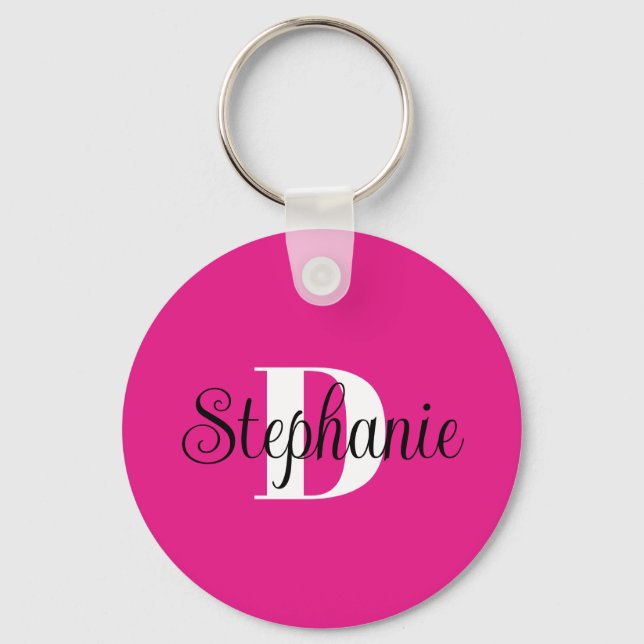 Porte-clés Monogramme Moderne Féminin Rose Chaud Noir et Blan (Recto)
