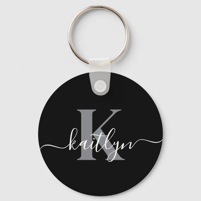 Porte-clés Monogramme moderne gris noir script (Recto)