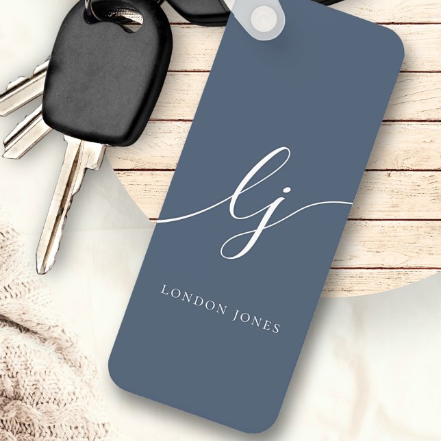 Porte-clés Monogramme Moderne Minimal Élégant Script bleu mar (Créateur téléchargé)