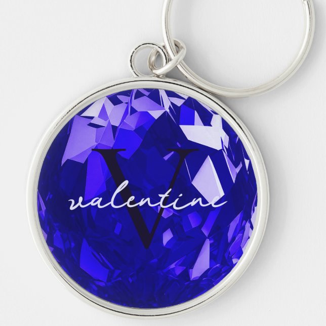 Porte-clés Monogramme moderne Nom Sapphire initial Blue Premi (Devant)
