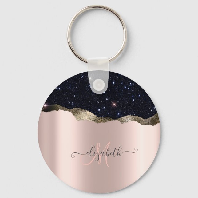 Porte-clés Monogramme Moderne Rose Gold Pailleté Noir (Recto)