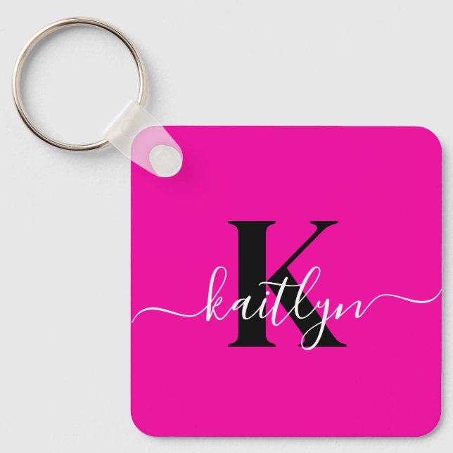 Porte-clés Monogramme moderne rose noir écriture script (Recto)