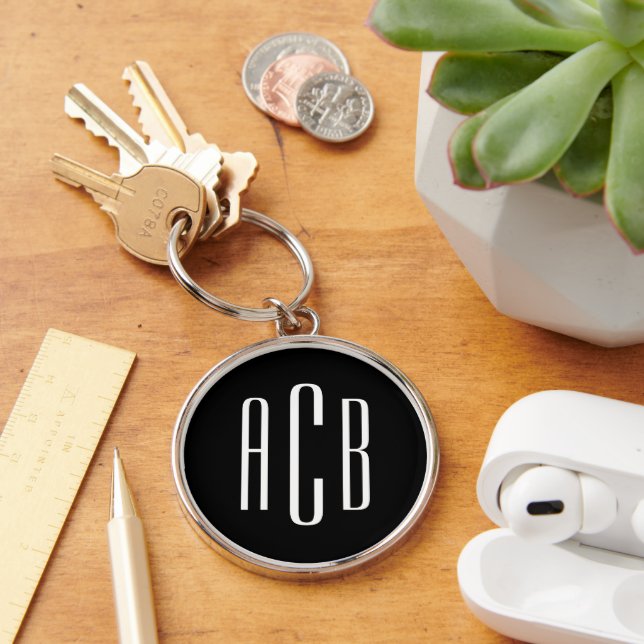Porte-clés Monogramme Moderne Trois Lettres Noir et Blanc (Bureau)