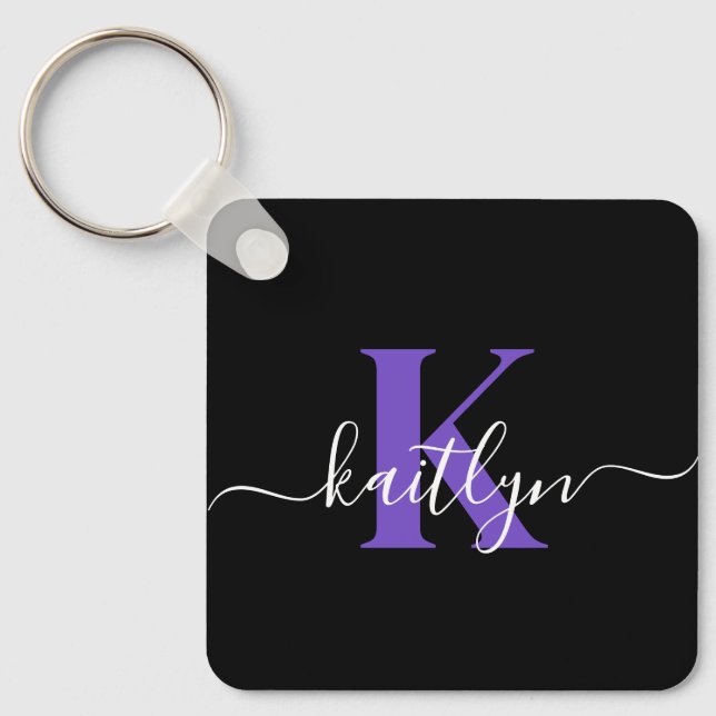 Porte-clés Monogramme Moderne Violet Noir Script (Recto)