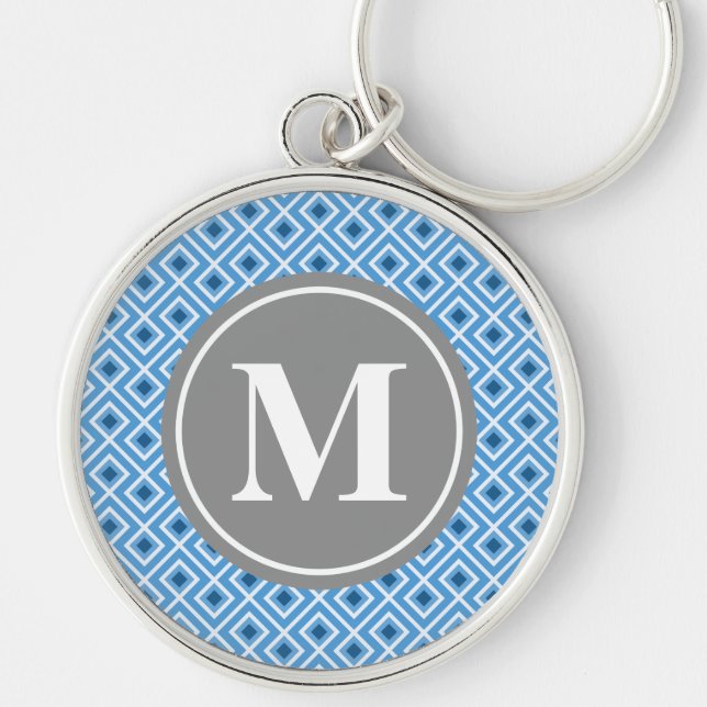 Porte-clés Monogramme Motif graphique moderne en diamant bleu (Devant)