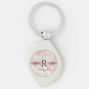 Porte-clés Monogramme noir & nom, marbre blanc et or rose