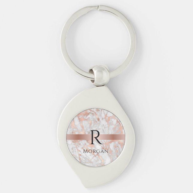 Porte-clés Monogramme noir & nom, marbre blanc et or rose (Devant)