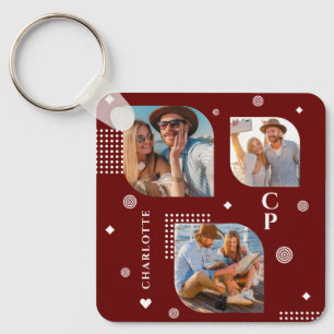 Porte-clés Monogramme Nom 3 Photo Collage tendance