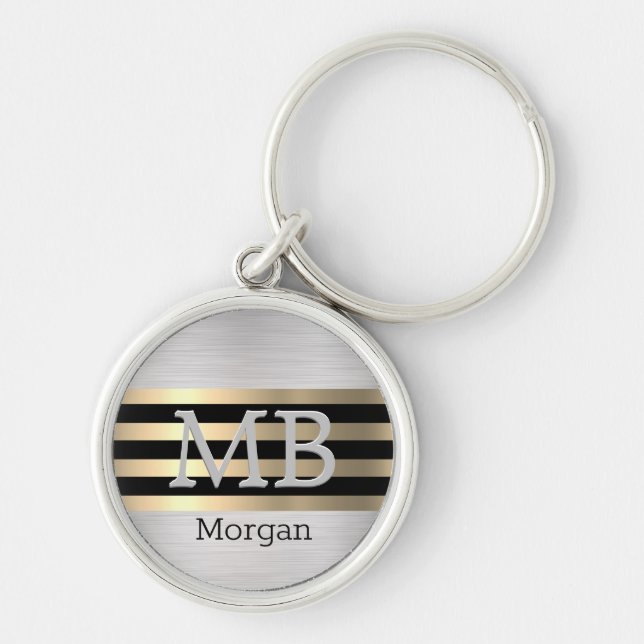 Porte-clés Monogramme & Nom, Acier Brossé Or Jaune Noir (Devant)