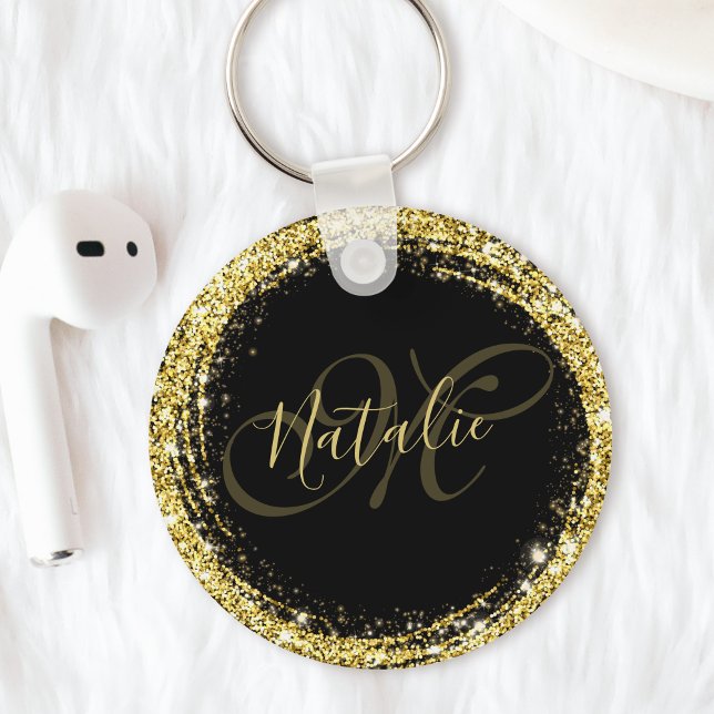 Porte-clés Monogramme Nom Paillettes Dorées Glamour Noir (Créateur téléchargé)