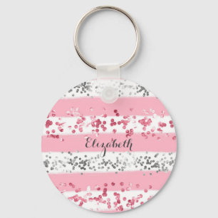 Porte-clés Monogramme Nom Rose Blanc Gris Paillettes Féminin