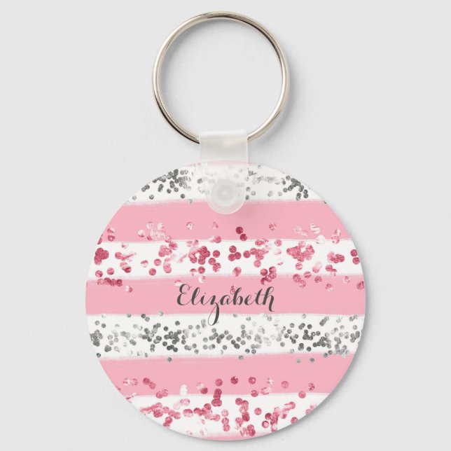 Porte-clés Monogramme Nom Rose Blanc Gris Paillettes Féminin  (Recto)