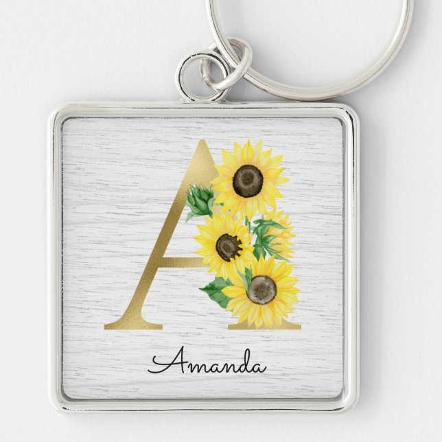 Porte-clés Monogramme Or Fille de tournesol Floral Initiale A (Devant)