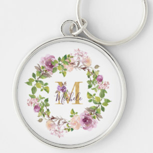 Porte-clés Monogramme Or Moderne M Couronne Florale Aquarelle