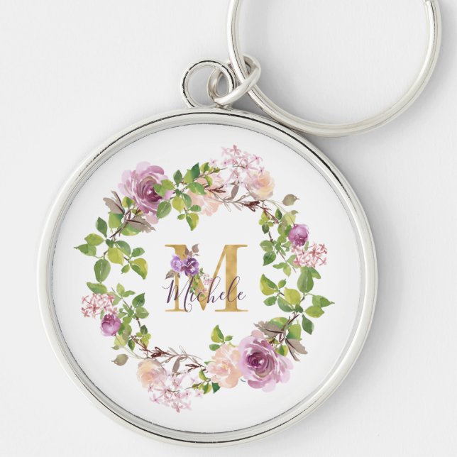 Porte-clés Monogramme Or Moderne M Couronne Florale Aquarelle (Devant)
