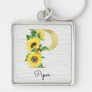 Porte-clés Monogramme Or Soleil Doré Féminin Floral Initial P