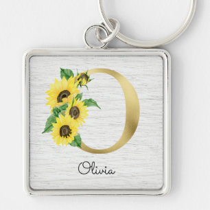 Porte-clés Monogramme Or Soleil Doré Féminin Floral Initiale