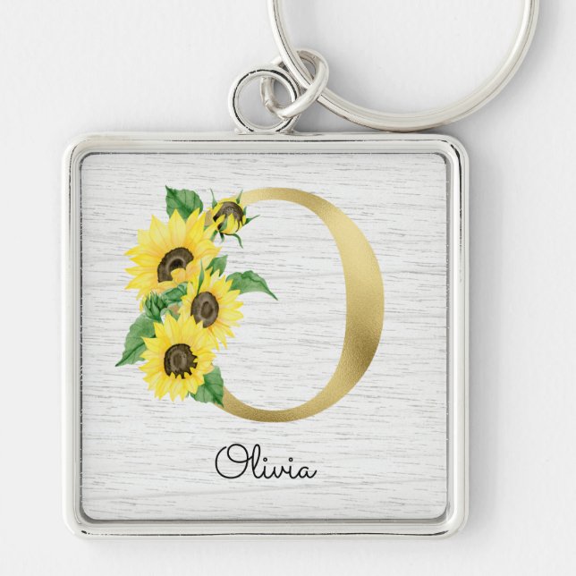Porte-clés Monogramme Or Soleil Doré Féminin Floral Initiale  (Devant)