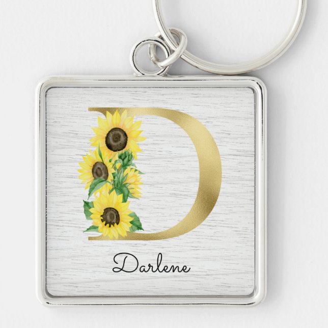 Porte-clés Monogramme Or Soleil Doré Girly Floral Initial D (Devant)