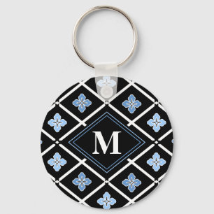 Porte-clés Monogramme Oriental Motif Sakura bleu
