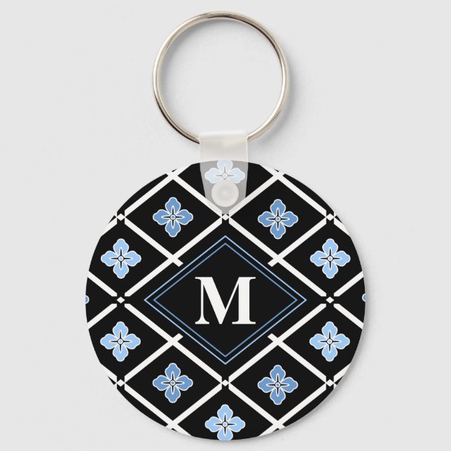 Porte-clés Monogramme Oriental Motif Sakura bleu (Recto)