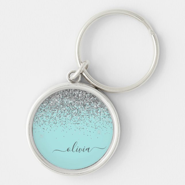 Porte-clés Monogramme Pailleté Bleu Aqua Turquoise Argent (Devant)