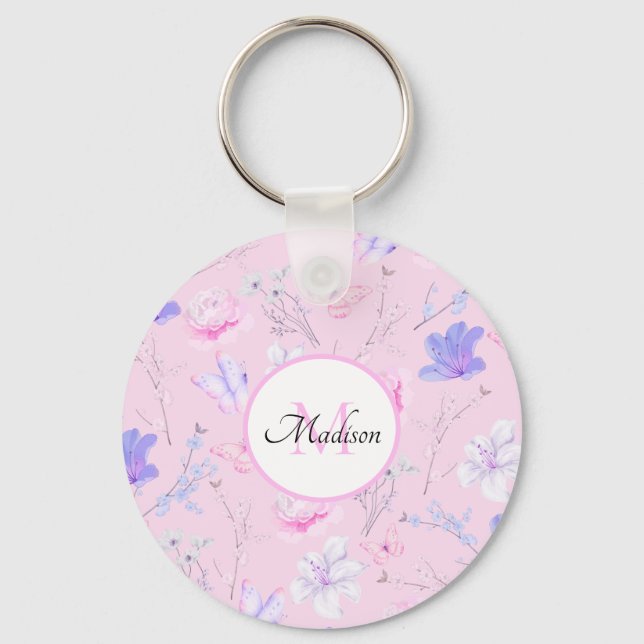 Porte-clés Monogramme papillons floraux aquarelle rose (Recto)