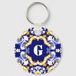 Porte-clés Monogramme périwinkle, azulejos bleu et jaune