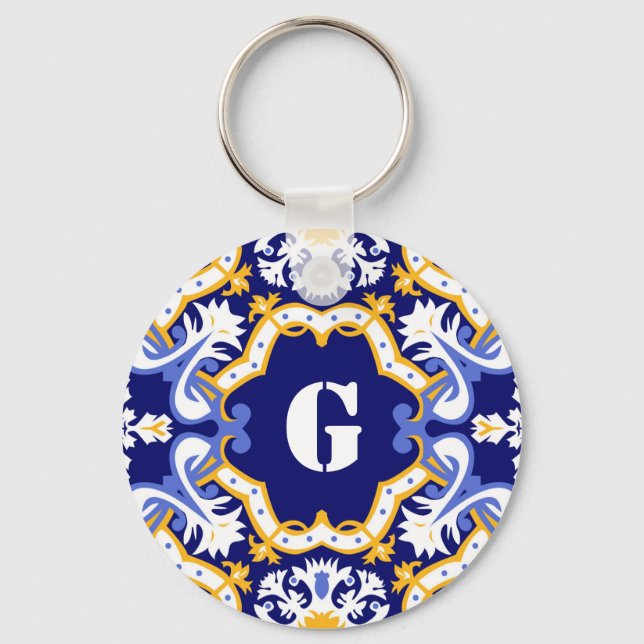 Porte-clés Monogramme périwinkle, azulejos bleu et jaune (Recto)