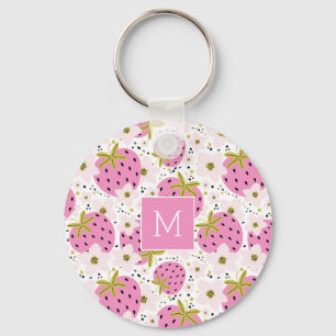 Porte-clés Monogramme personnalisé de fraises roses