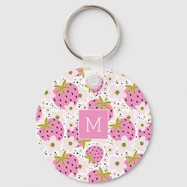 Porte-clés Monogramme personnalisé de fraises roses (Recto)