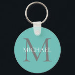 Porte-clés Monogramme personnalisé et nom Turquoise clair<br><div class="desc">Monogramme et cadeaux de nom élégants personnalisés avec monogramme personnalisé dans le style de police serif classique avec boîte de nom au milieu du monogramme.</div>